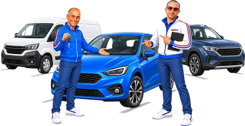 Pierluigi holding the keys and Danny with a clipboard point to a blue car, between a white van and an SUV