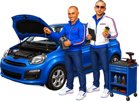Pierluigi controlla l’olio con il cofano aperto mentre Danny annota sul tablet