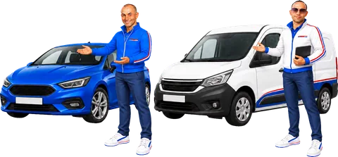 Pierluigi accanto a un’auto e Danny accanto a un furgone, con il tablet in mano